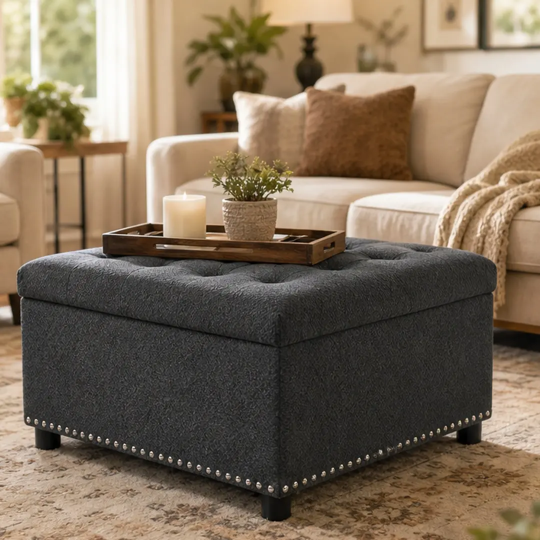 ARCH Square Tufted Nailhead Trim Classic Storage Ottoman - Dark Grey Polyester Upholstered, Wood Frame, 30.00"w x 30.00"d x 16.25"h, 39.60lb, Hidden Storage, Foam Cushion, Living Room Accent Furniture, Coffee Table, Extra Seat, Space-Saving Footstool