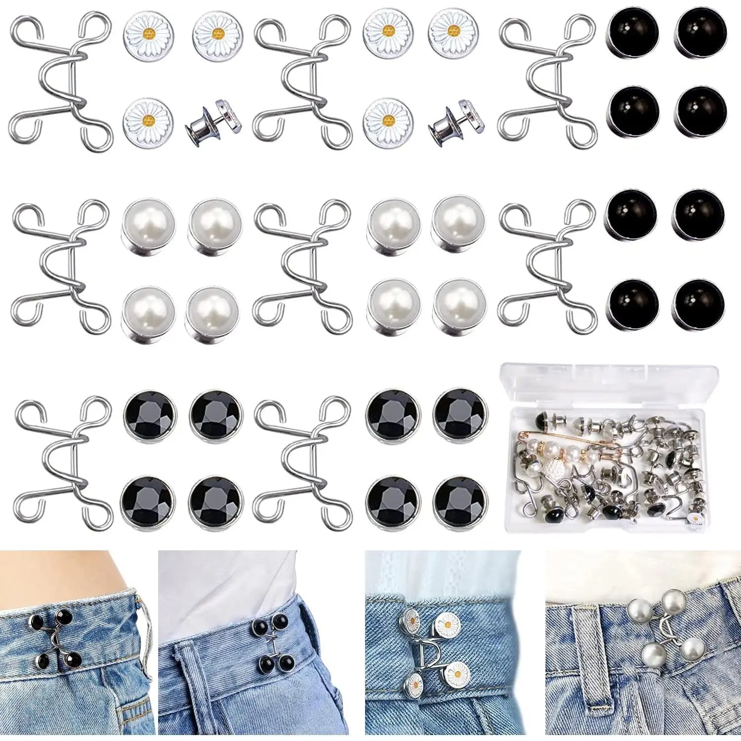 48 count Pant  Tightener, 8 Set 4 Style  Cinch Clip, Button Pins | No Sew Detachable Adjuster  Tightener Clips, Jean Buttons Pins For Loose Jeans, Belt Buckles For Women Pants Shirt Dress