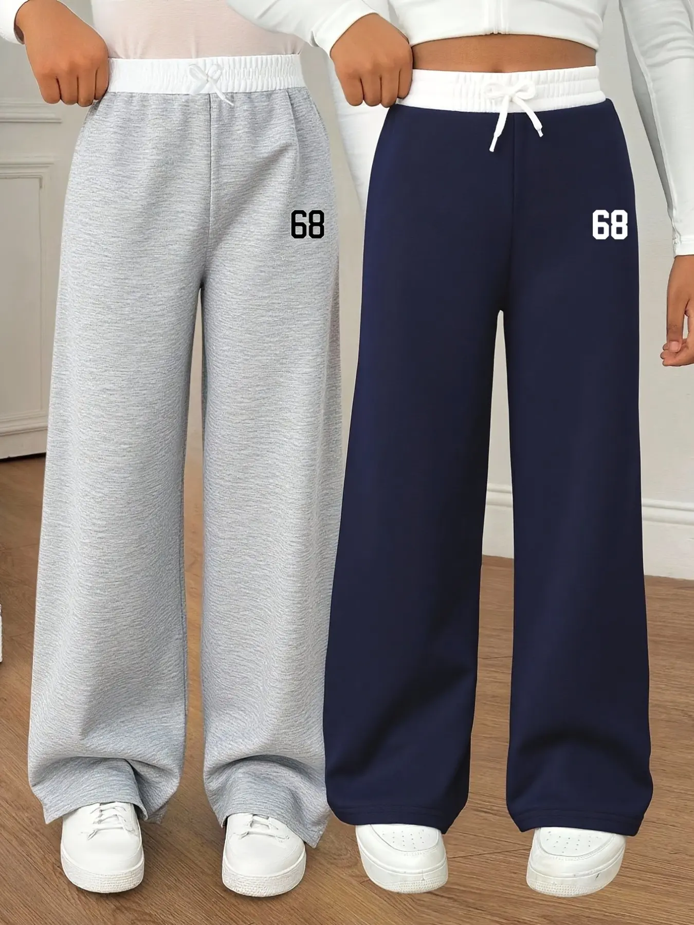 Girls' Spring Summer Casual Long Pants, 2-Pack, /indigo Color Options, Elastic Waist, Side Seam, Number 68 Print, Wide Leg