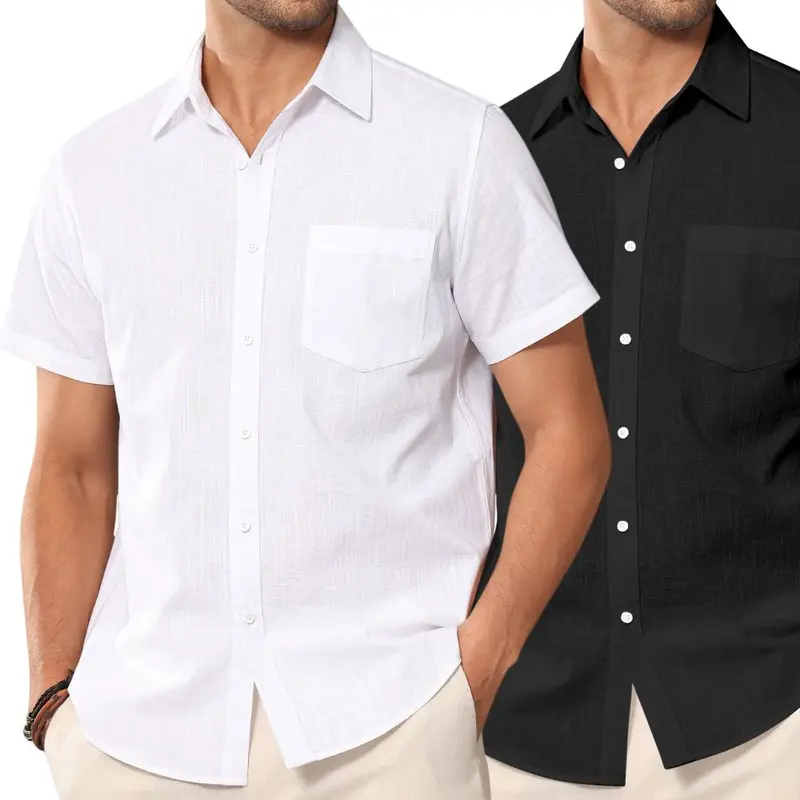 ROUWELL 2-Pack Men's Short Sleeve Linen-Cotton Button Down Shirts - Fabric, Lightweight Breathable Vented Casual Shirts with Pocket, Drip Dry Party Summer Tops