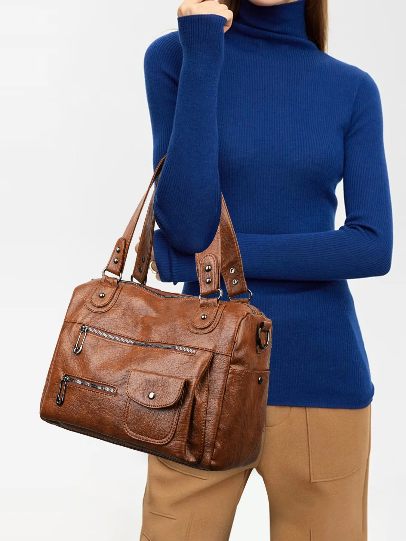 1pc Oversized Retro Satchel Tote Bag for Ladies, Classic Vintage Brown Crinkled Leather Handbag with Front Pocket & Multiple Zipper Compartments, Convertible Crossbody Strap Casual Bag for Travel and Weekend Outings