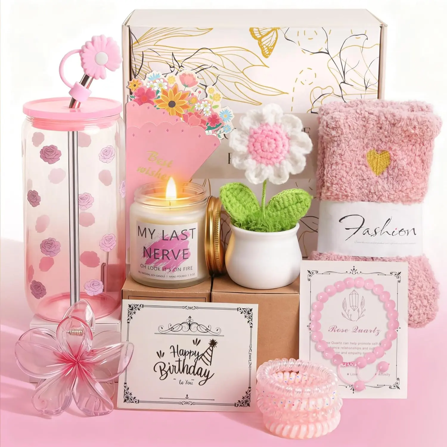 Birthday Gifts for Women Teen Girls,  Happy Graduation  Baskets for Her, Thank You Teacher Self Care Get Well Present Set, 14 count Cute Rose Box Girlfriend Wife Sister Coworker()