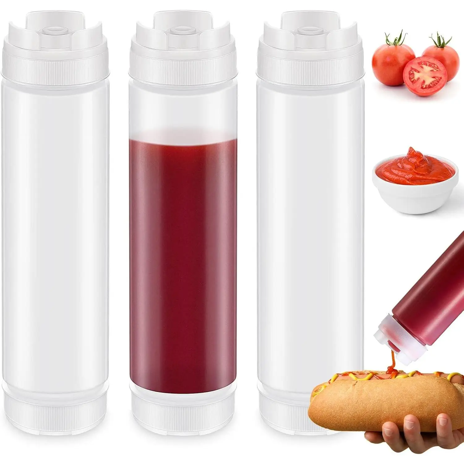Sabary 3-Pcs 16oz Inverted Silicone-Valve Plastic Squeeze Bottles with Covers, Refillable Large-Tip Kitchen Dispensers for Seasoning Sauces Ketchup (White, Restaurant Use), Inverted Bottle