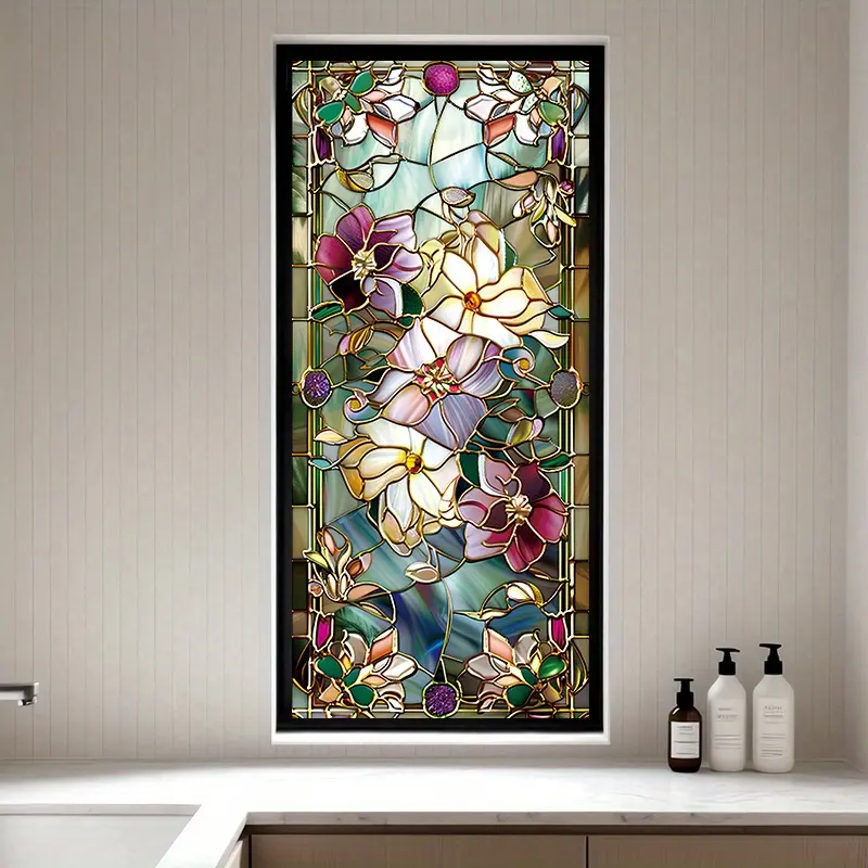 1pc Static Cling Privacy Window Film with Stained Glass Floral Design (Colorful Flowers & Green Leaves on Blue) - PVC 3mil Thick Removable Covering, No Glue/Heat Resistant for home Windows, Bathroom Doors - 17.7"x39.4" (45x100cm)