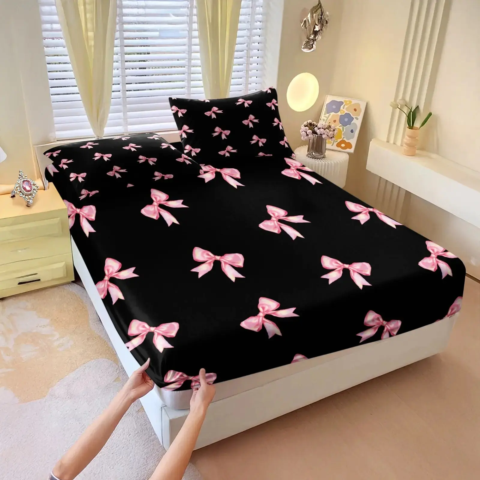 3pc black and pink bow-printed bedding set, Bed linens, including 1 bed sheet and 2 pillowcases (without filling), suitable for single beds, double beds, multiple sizes available, perfect for bedrooms, dormitories, guest rooms and hotel