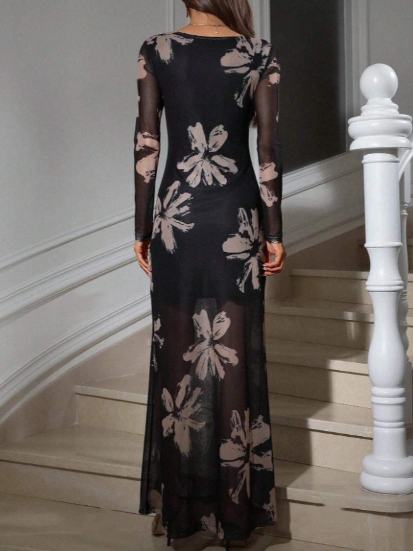 Women's Floral Print Mesh Dress, Elegant Long Sleeve Dress for Parties, Holidays and Wedding Guests, Ladies' Spring & Fall Clothing