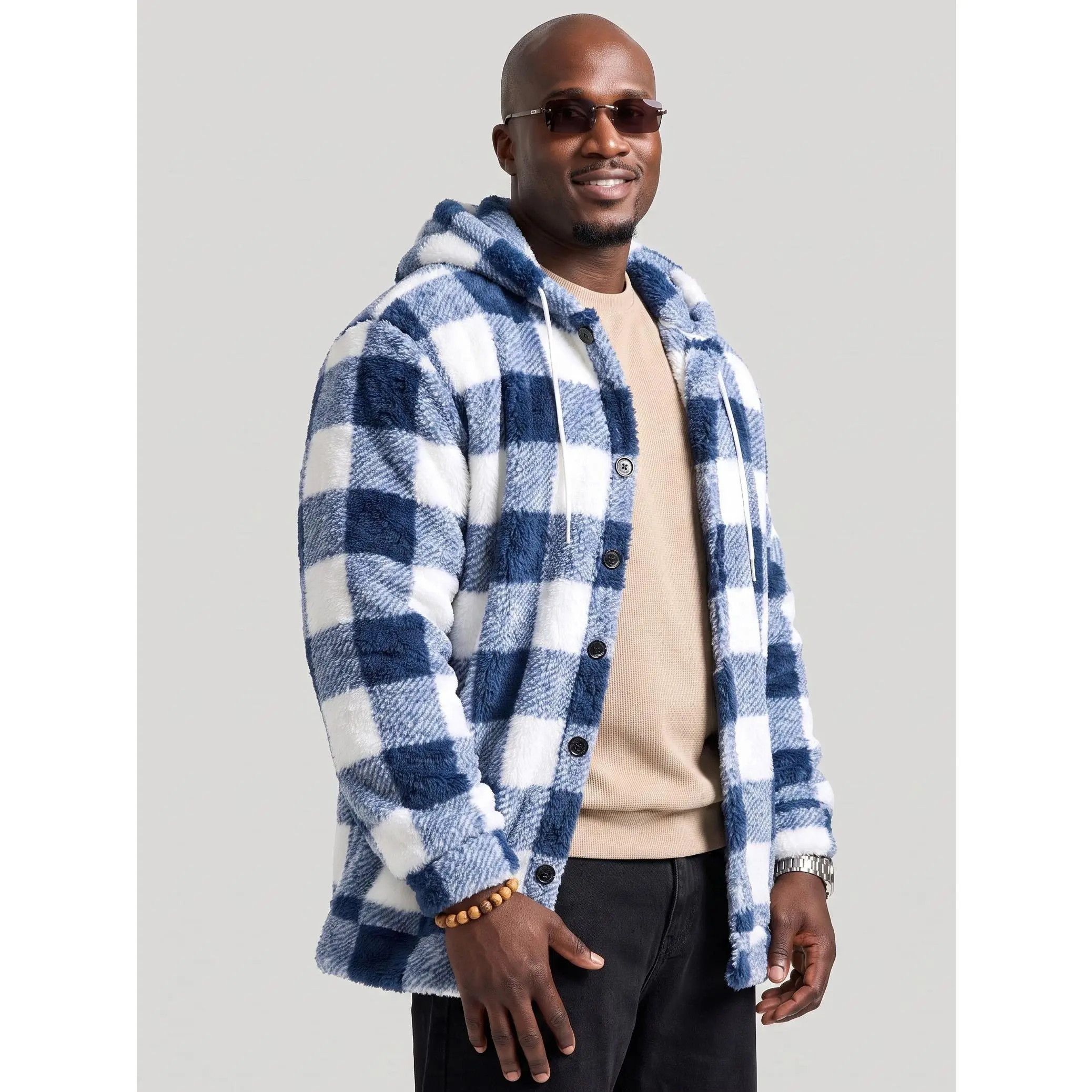 KZZ Menswear Men's Checkered Print Fleece Hooded Long-Sleeve Casual Fall-Winter Warm Jacket