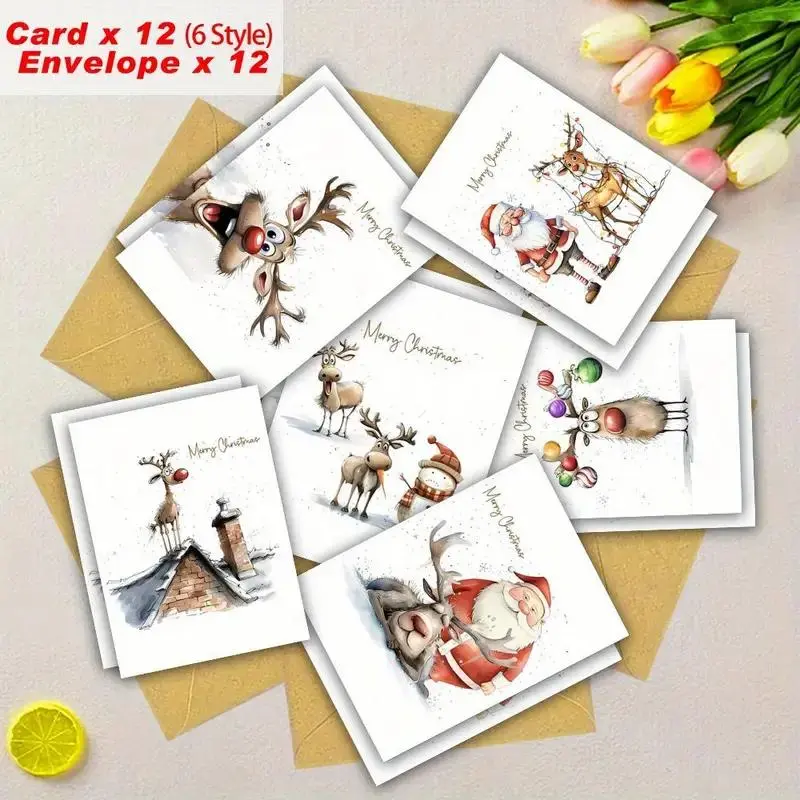 12 WhimsyWorks funny Christmas cards with envelopes - various holiday designs, suitable for family, friends, and colleagues - internal blank space for writing personal information - suitable for occasions such as New Year, congratulations, and thanks