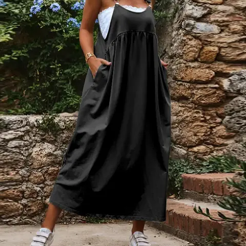 【Plus Size】 Solid Color Pinafore Dress, Casual Sleeveless Long Dress for Daily Wear, Women's Clothing for All Seasons, Womenswear, Casual Summer Dresses