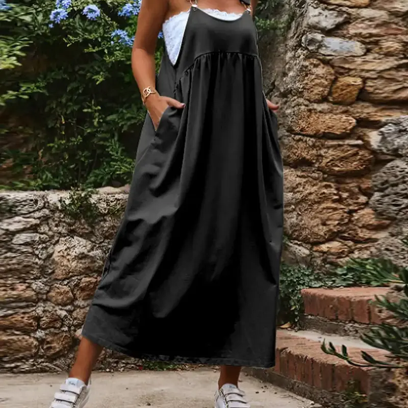 【Plus Size】 Solid Color Pinafore Dress, Casual Sleeveless Long Dress for Daily Wear, Women's Clothing for All Seasons, Womenswear, Casual Summer Dresses