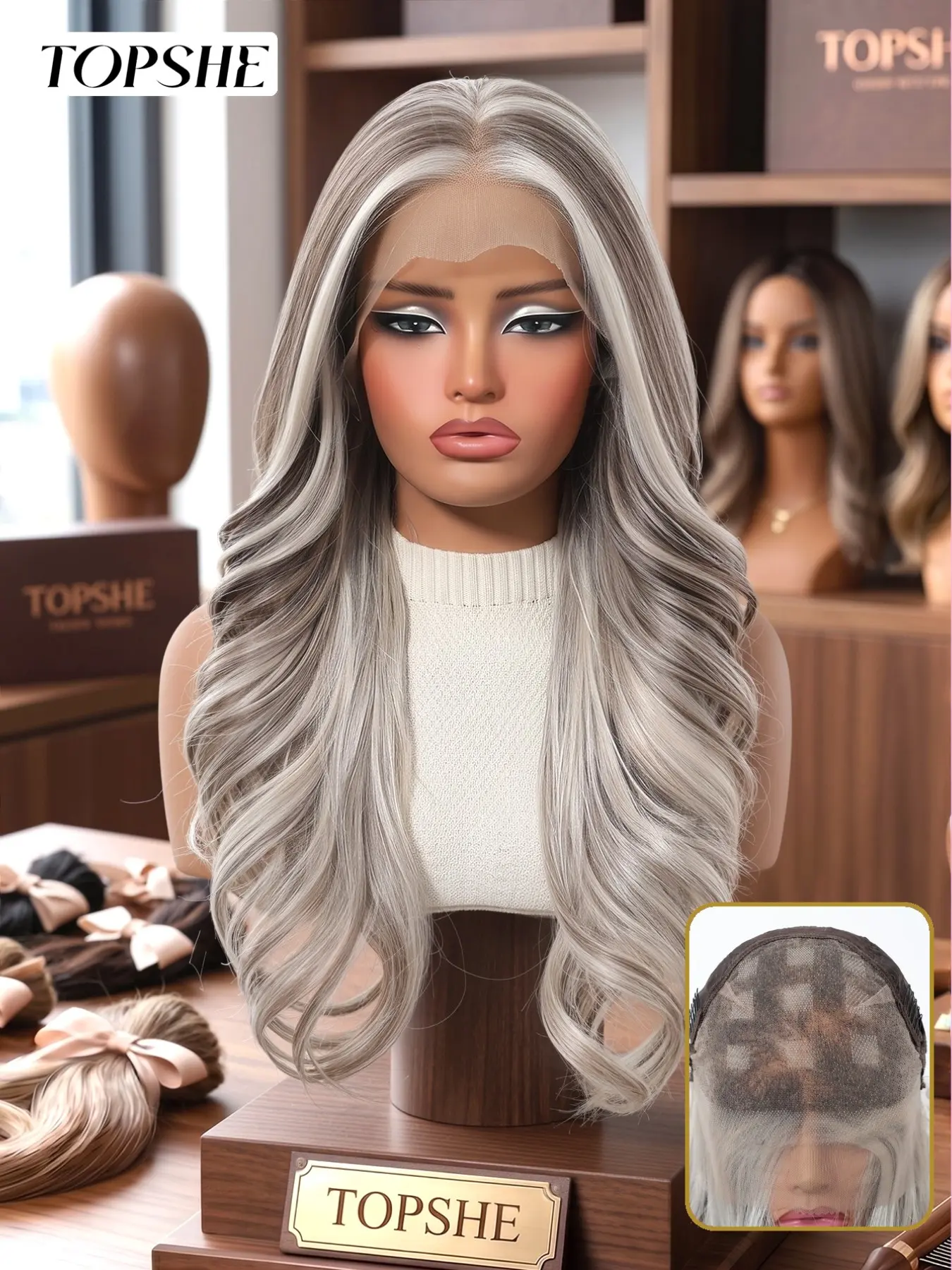 Topshe 13x6 Lace Front Synthetic Wig, Silver Highlight, Long Wavy, Glueless, Heat Resistant, Handmade Wig for Ladies