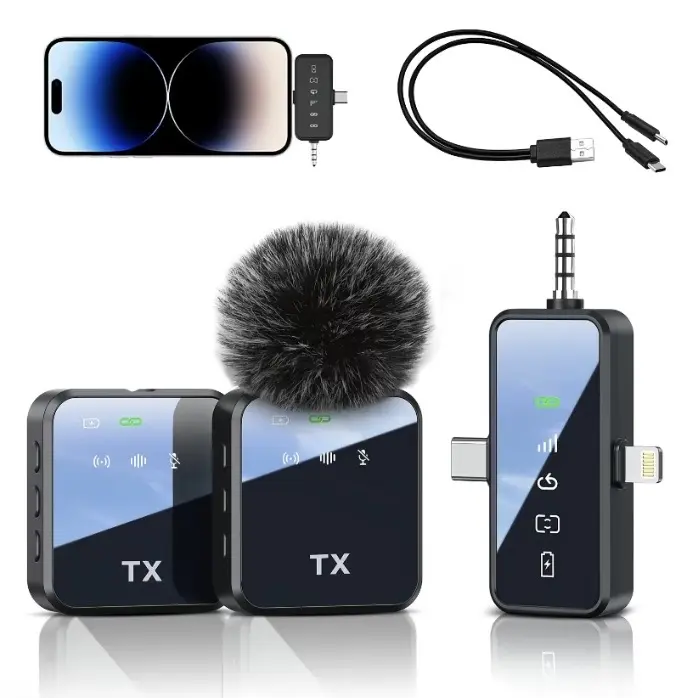 3-in-1 Wireless Lavalier Microphone - 328ft Range, 20H Battery, Noise Reduction for iPhone, Android, Camera - Plug-and-Play Connection, Audio Recording for Vlogs, Interviews