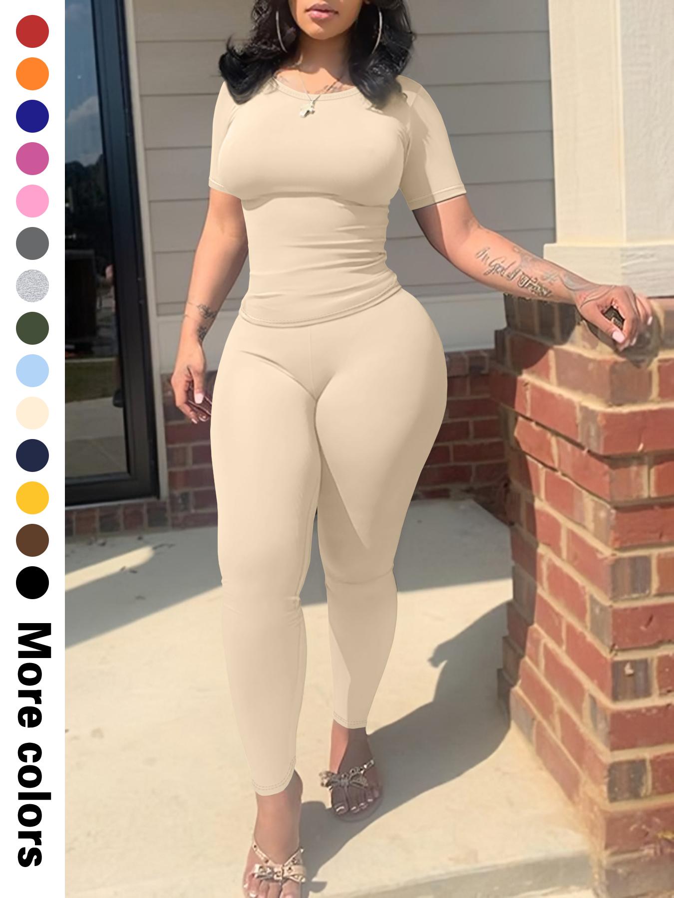 Women's Solid Top & Legging Two-piece Set, Casual Fashion Cozy Breathable Two Piece Outfits for Daily Wear, 2 Piece Sets Women, Ladies Summer Clothes, Workout Running Clothes, Yoga Gym Outfits, Athleisure Wear Set