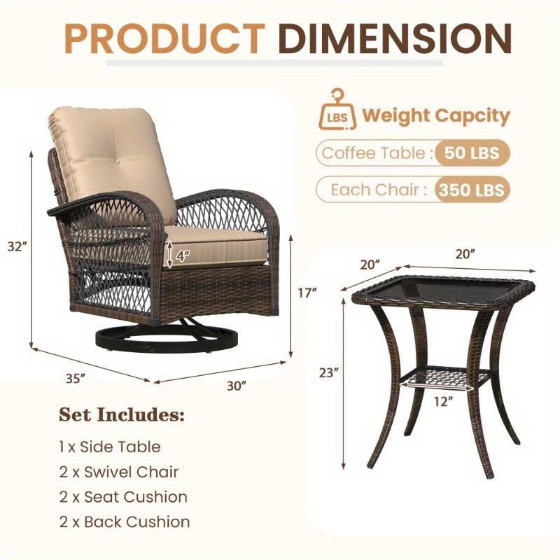 Outdoor Swivel Rocker Bistro Set - 3 Piece Wicker Patio Set with 2 Swivel Rocking Chairs, Cushions, and Tempered Glass Side Table, Perfect for Porch, Garden, Backyard, Poolside (Khaki)