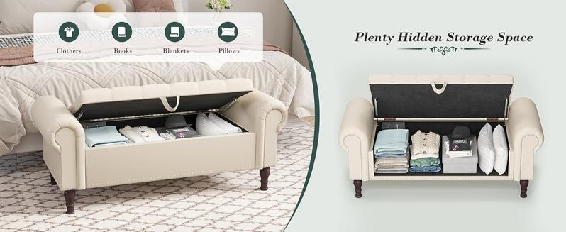 Apicizon 60”Storage Ottoman Bench, Soft Faux Leather Indoor Bench with Rolled Arm and Vintage Rivets, Large Storage Chest for Bedroom, Living Room