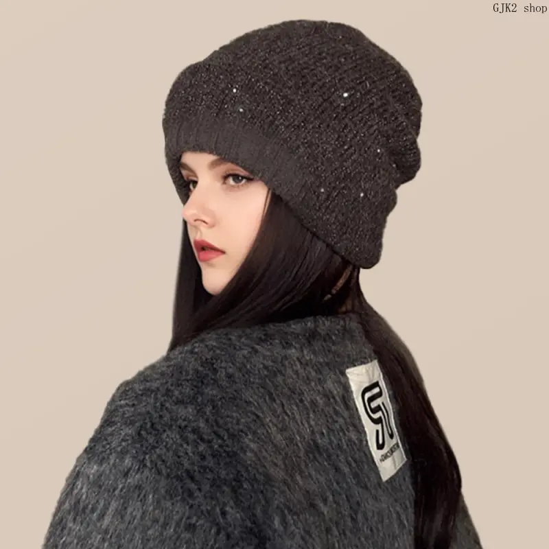 Women's Minimalist Solid Black Knit Hat - Tiny Rhinestone Decor, Soft Plush, Folded Brim, Warmth-Locking Thermal Beanie for Fall Winter Outdoor Daily Wear