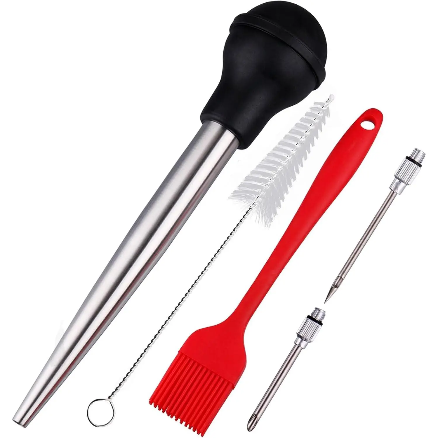 Turkey Baster, 18/8 Stainless Steel Turkey Baster Syringe for Cooking, Meat Injector Baster Set with 2 Needles & 2 Cleaning Basting Brush, Baster for Flavor Meat Poultry, Beef&Chicken Black