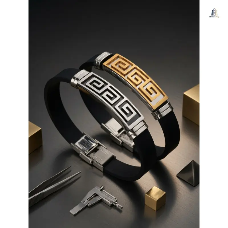 Men's Stainless Steel-Plated Silicone-Detailed Bangle - Gold/Silver Tone Trendy Minimalist Durable Wrist Jewelry, Casual/Work Outfit Accessory, Daily Gift, Men's Accessories, Durable Material, Stackable Bracelet