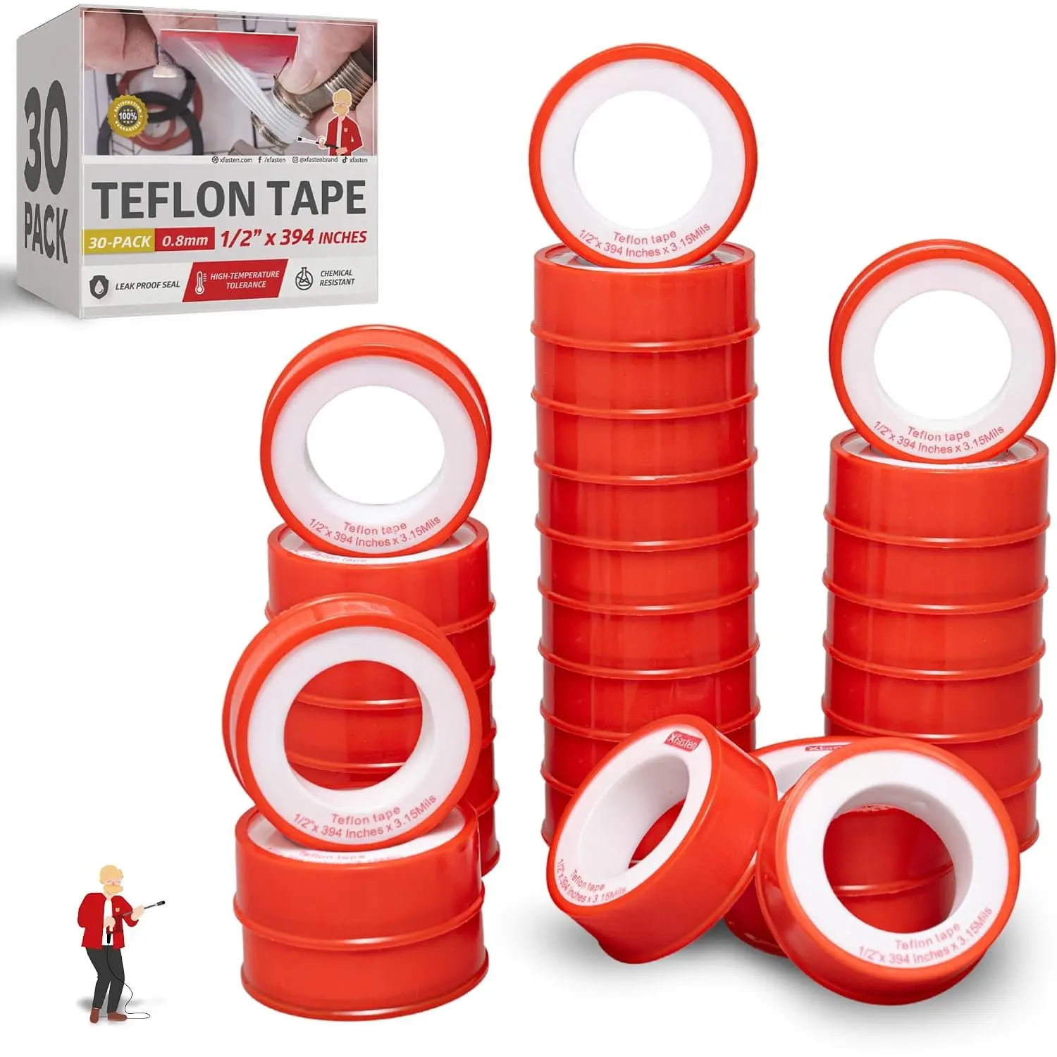 Teflon Tape for Plumbing, 1/2 Inch x 394 Inches (30-Pack, 19,700" ) – PTFE Plumbers Tape for Shower , Pipe Thread Seal, Garden Hose, and Leak Repairs – Watertight Sealing