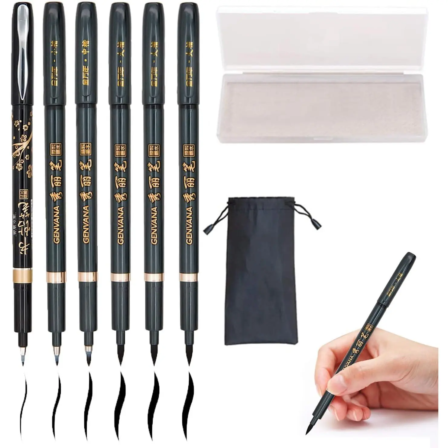 Beginners' Refillable Hand Lettering Calligraphy Pens - 4-Size Soft Tip Brush Markers, Set Pack of 6 Black, for Writing, Painting