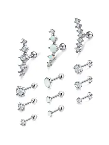 12 Pcs Silvery Mixed Climber Single CZ Cartilage Piercing Studs for Unisex Durable Stainless Steel Earring Pack Curve Climbing Helix Studs Sparkling Full CZ Iridescent Opal Assorted Mini Single Opal Flat Back Screw Barbells Low-profile Flat Back Design