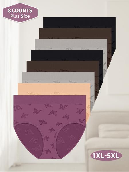 8 Pack Plus Size Women's Triangle Panties, Breathable Panties, Soft Printing Butterfly Design, High Quality Skin-Friendly Underwear, Casual All Seasons Fit