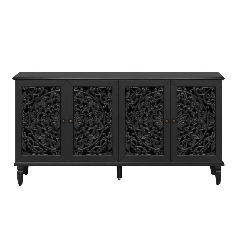 60" Antique Buffet Cabinet with Floral Carvings with Solid Wood Legs&Antique Brass Handles&Adjustable Shelves, TV Stand for 65''+ TV, Sideboard for Living Room,Dining Room (Black)