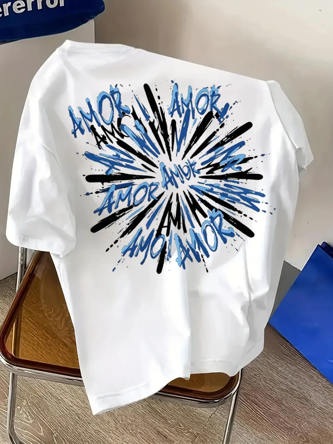 Amor Blue Splatter Letter Print Short Sleeve T-Shirt, American Street Style, Loose Fit, Unisex Crop Top, Casual H-Type Silhouette