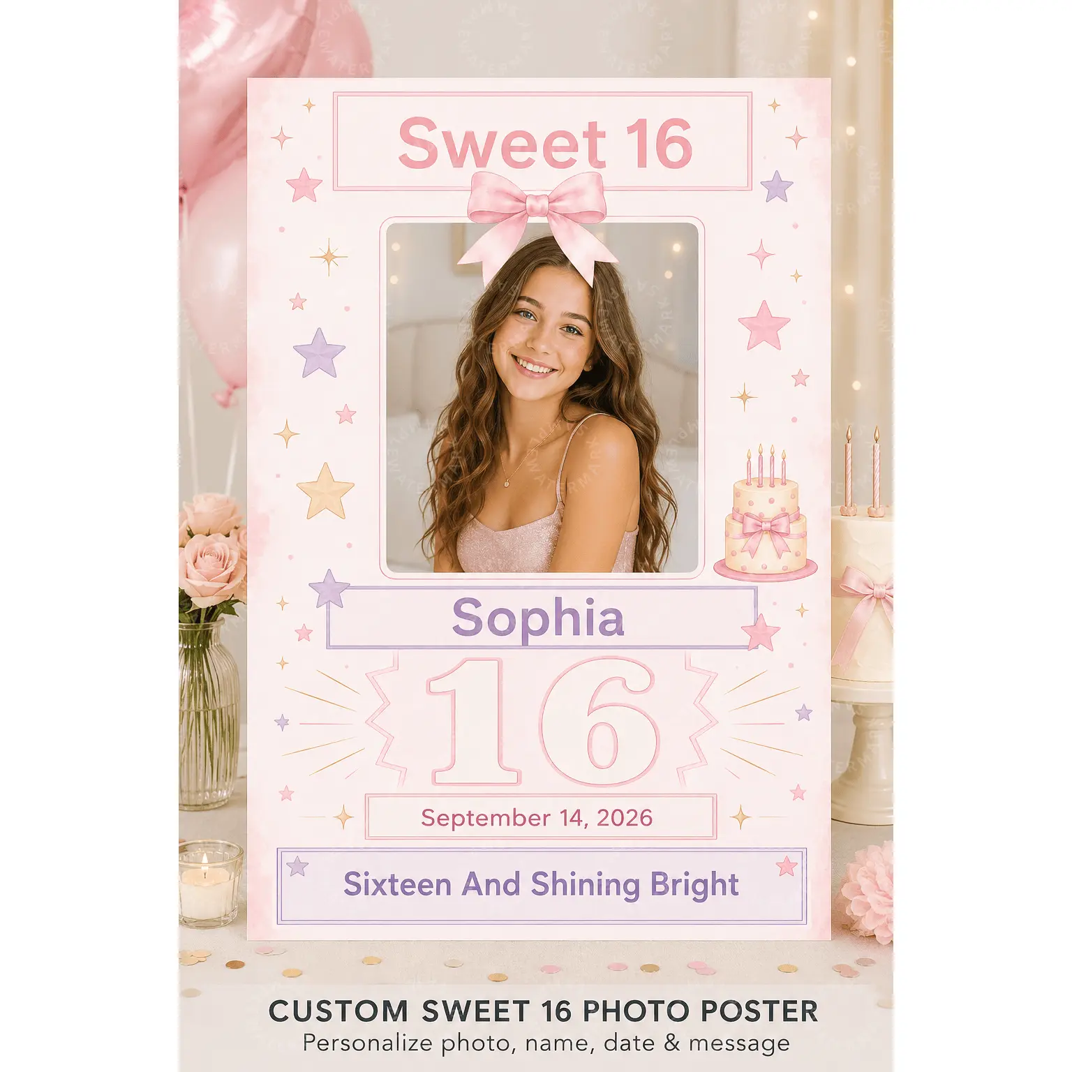 Custom Sweet 16 Photo Poster, Personalized 16th Birthday Wall Art, Pink Bow Star Cake Decor, Teen Birthday Aesthetic Poster, Bedroom Party Backdrop Decor, Birthday Gift