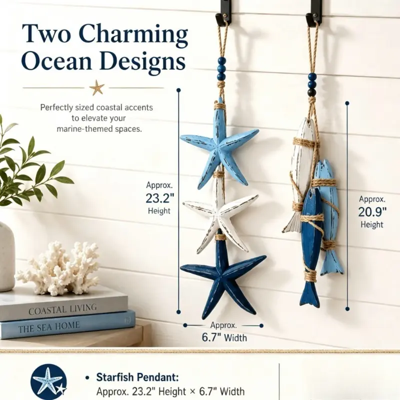 Nautical Wooden Fish Starfish Hanging Ornament Coastal Beach Themed Wall Curtain Decor Jute Rope Wood Hanging Pendant Ocean Style Home Indoor Decor Single String String of lights