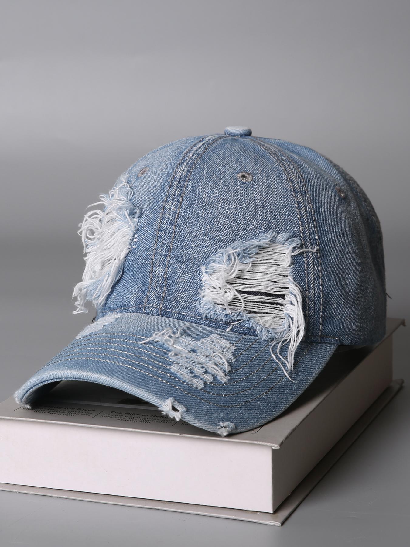 Unisex Vintage Washed Distressed Denim Baseball Cap Fashion Hole Design One Size Fits All Trendy Casual Headwear for Men and Women