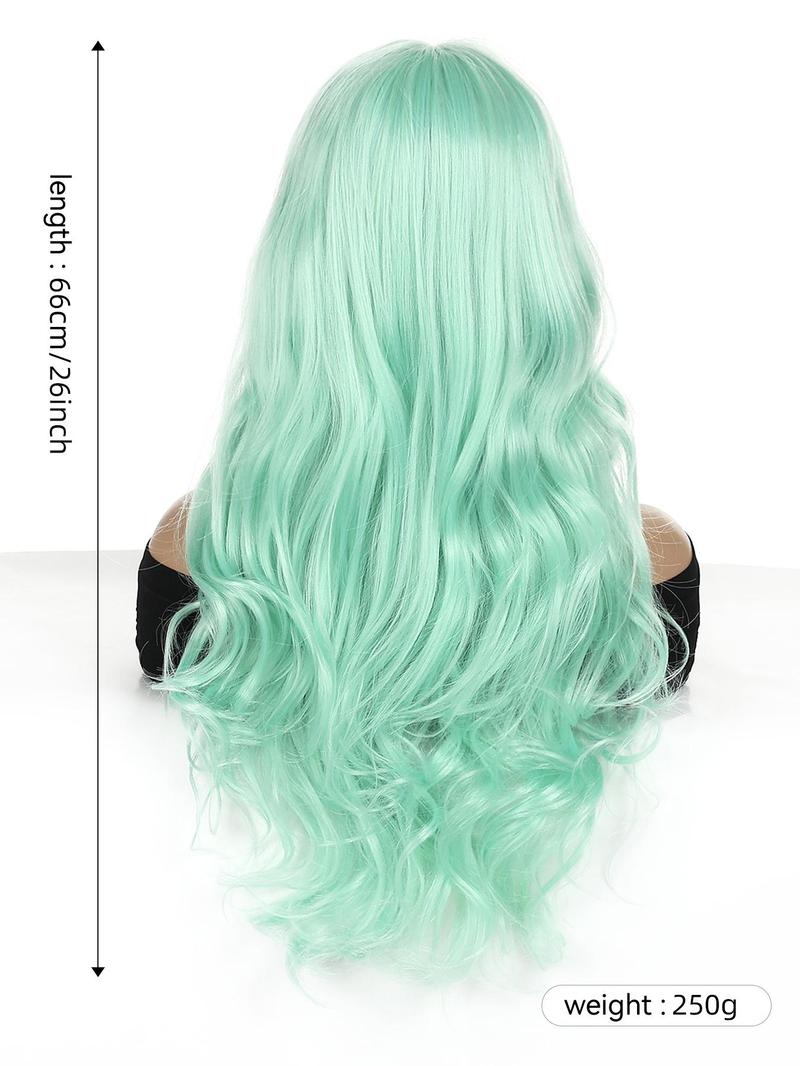 26 Inch Mint Green Long Curly Wigs for Women, Gorgeous Fluffy Wigs with Blunt Bangs, Synthetic Full Machine Wigs for Party, Daily Use
