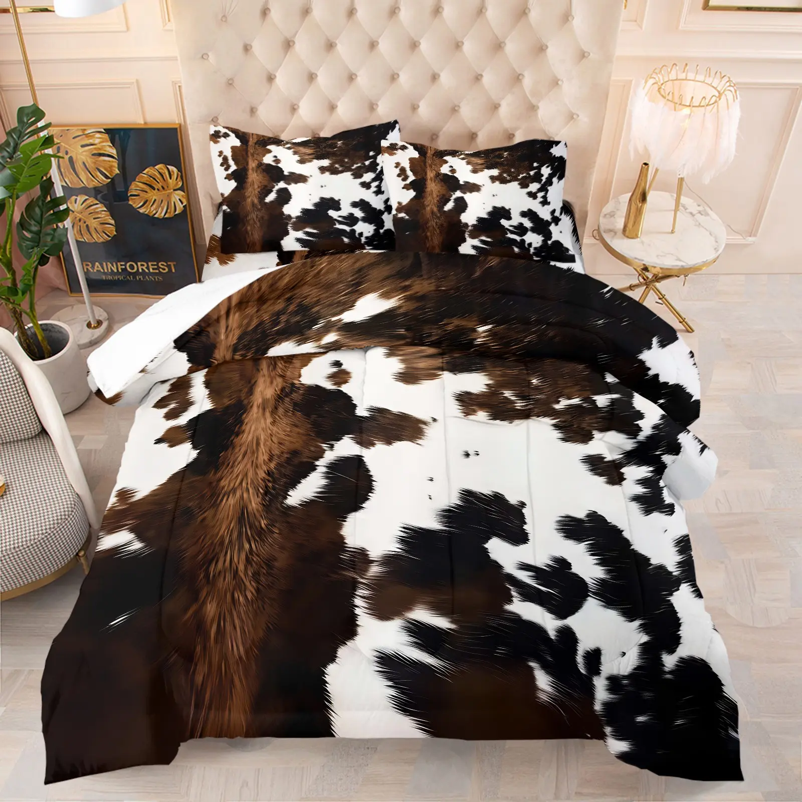 Brown Black White Cowhide Print Comforter Set, 1 Comforter + 1-2 Pillowcases, Realistic Western Cow Fur Texture Pattern, Soft  Comfy Durable Microfiber Washable Bedding, Rustic Western Farm All Season Bedroom Quilt Set