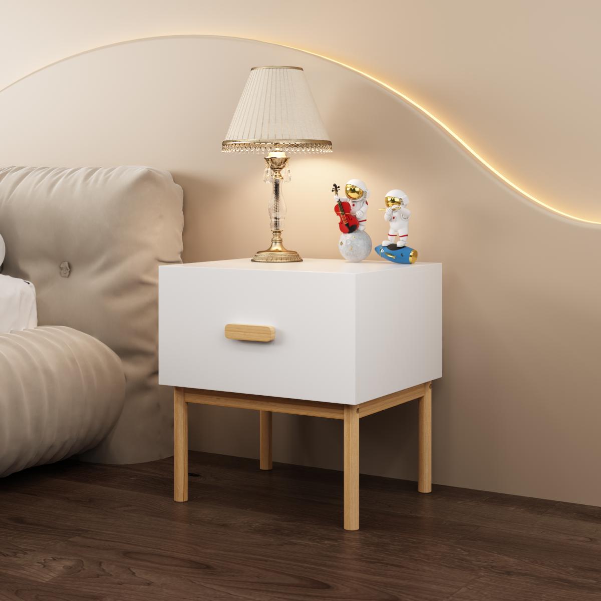 Modern White Nightstand with Drawer and Wood Legs, Minimalist Bedside Table with Handle for Bedroom, Living Room, Apartment