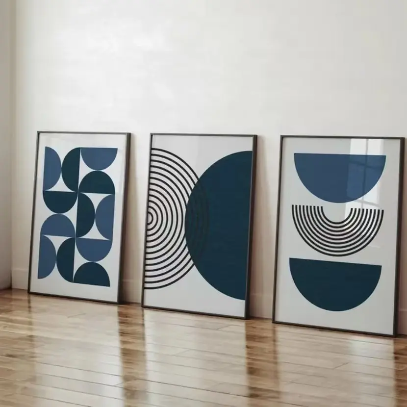 3pcs Navy Blue Medieval Modern Mural Bohemian Plant Poster Hanging Painting Living Room Home Decoration Frameless Canvas Painting