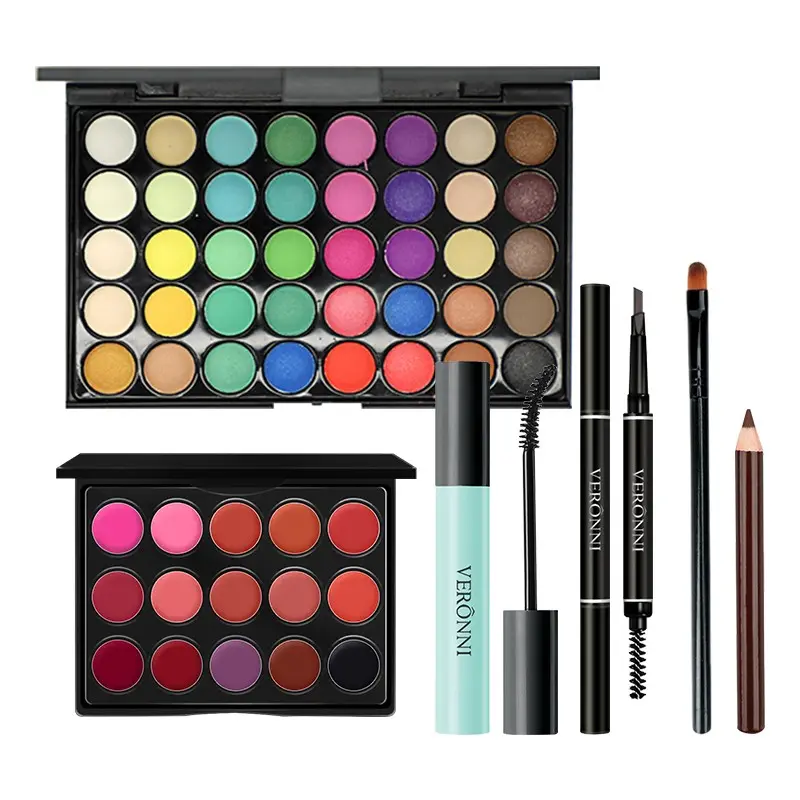 VERONNI 6-piece Multi-functional Makeup Set, Including 40-colorful Eyeshadow Palette x1, Mascara x1, Lipstick Palette x1, Double-ended Eyebrow Pencil x1, Eyebrow Pencil x1, and Makeup Brushes x1, Full Face Beauty Set for Women & Girls, Creamy Foundation