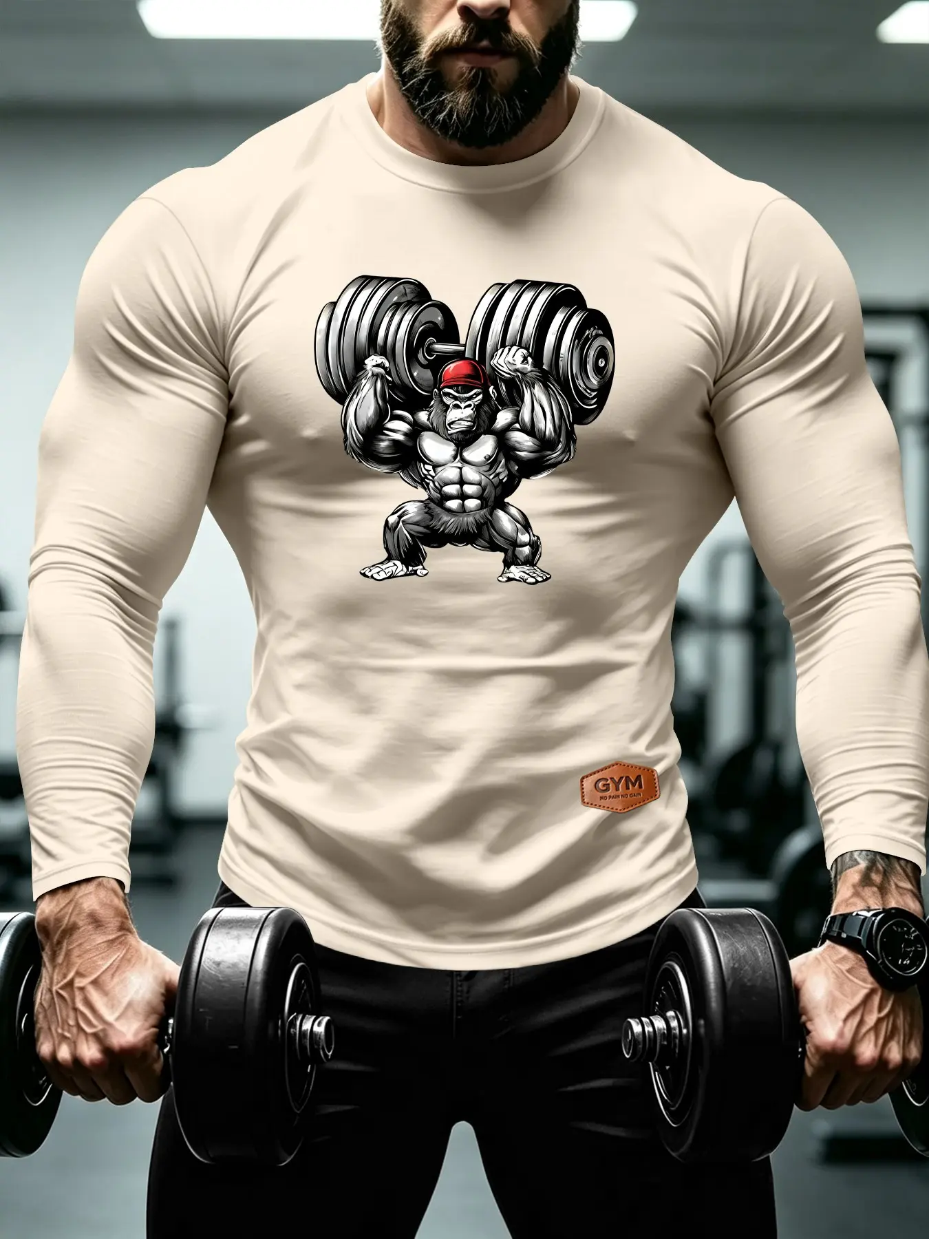 Men's Fitness Fitted Long Sleeve Base Layer, Strength Gorilla Gym Print, Elastic Training Tight Sport T-Shirt, Stretch Athletic Tee, Spring & Fall