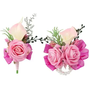 Soft Rose Pink Corsage and Boutonniere Set for Wedding Prom, Artificial Calla Lily Rose Flower Wrist Corsage Bracelets, Homecoming Wristlet, Boutonniere for Men Suit Decorations