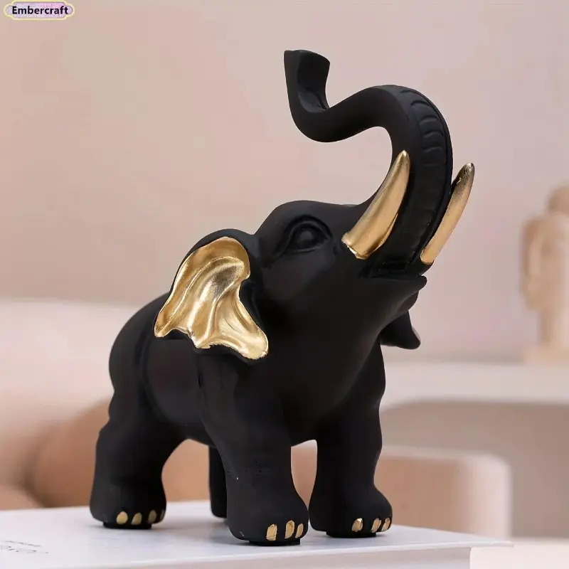 Traditional Resin Elephant Figurine, Black & Gold Finish Home Table Decor, Luck Protection Mascot Ornament, Housewarming Gift