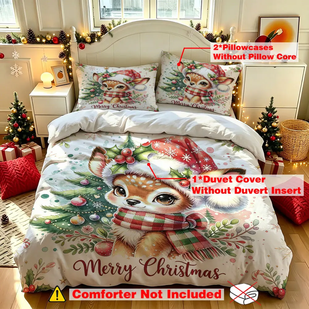 3‑Piece Bedspread Set(1 Bedspread+2 Pillowcases,No Filling),Christmas Reindeer Plush Scarf Pattern With Merry Christmas Slogan Bedding,Soft Comfortable Bedroom Decor,Great Xmas Gift