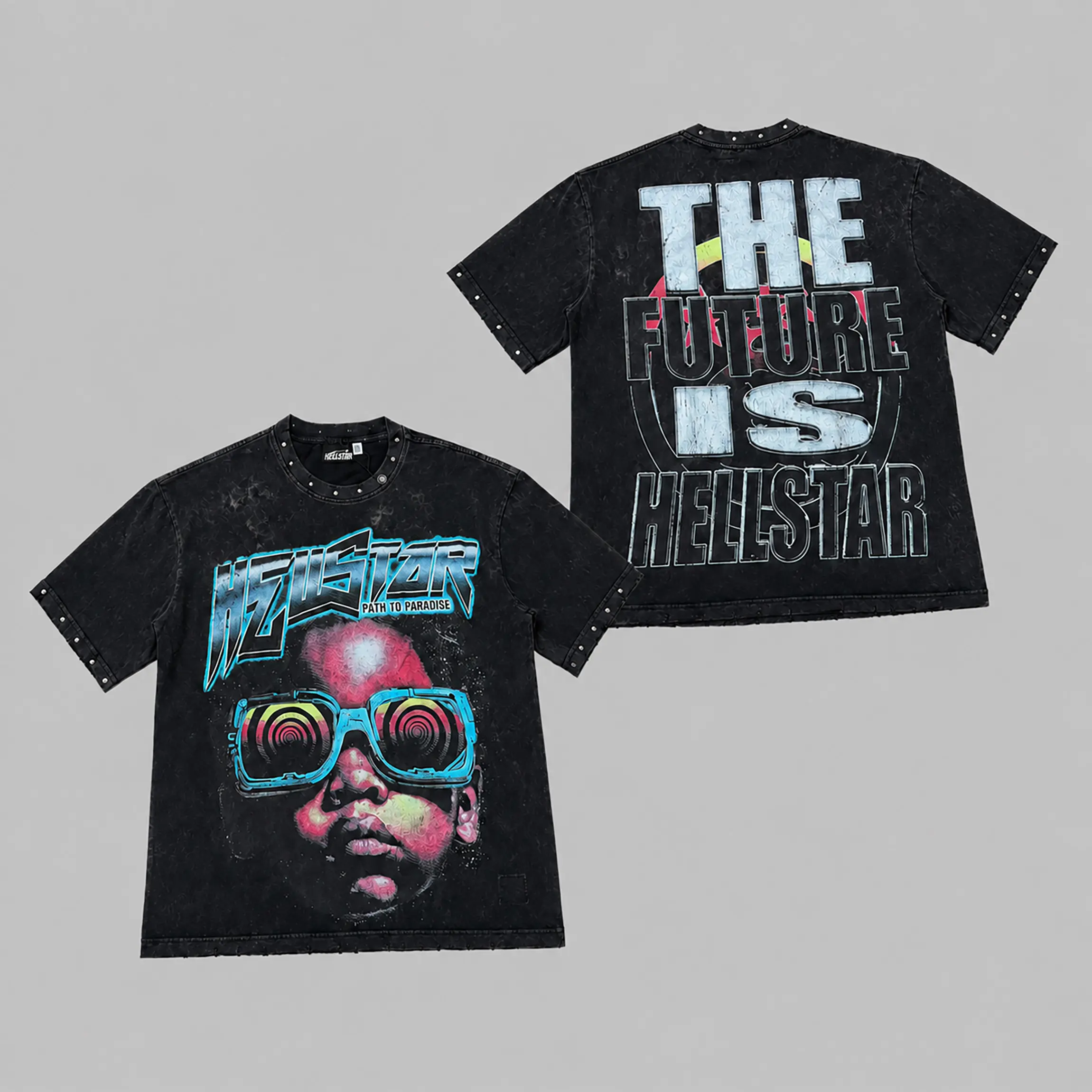 Hellstar Face Sunglasses Graphic T Shirt Heavyweight Cotton Vintage Washed Oversized Short Sleeve Tee Studded Detail Streetwear Futuristic Y2K Hip Hop Grunge Summer Casual Fashion Men Women Unisex Trendy Graphic Top