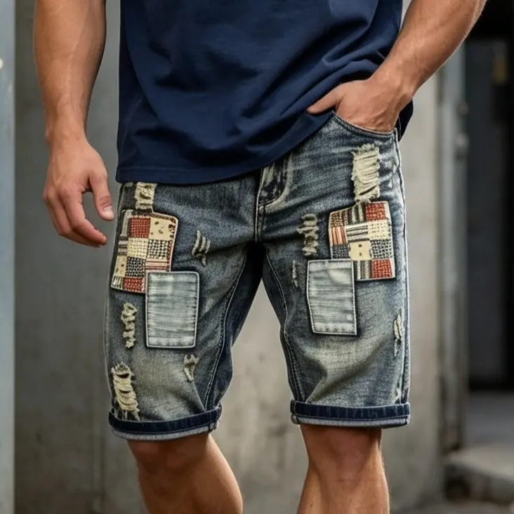 Men's Ripped Denim Shorts, Plain Distressed Menswear Jeans with a Vintage Faded Finish for Streetwear & Casual Outings, Relaxed Cut, Ripped Details