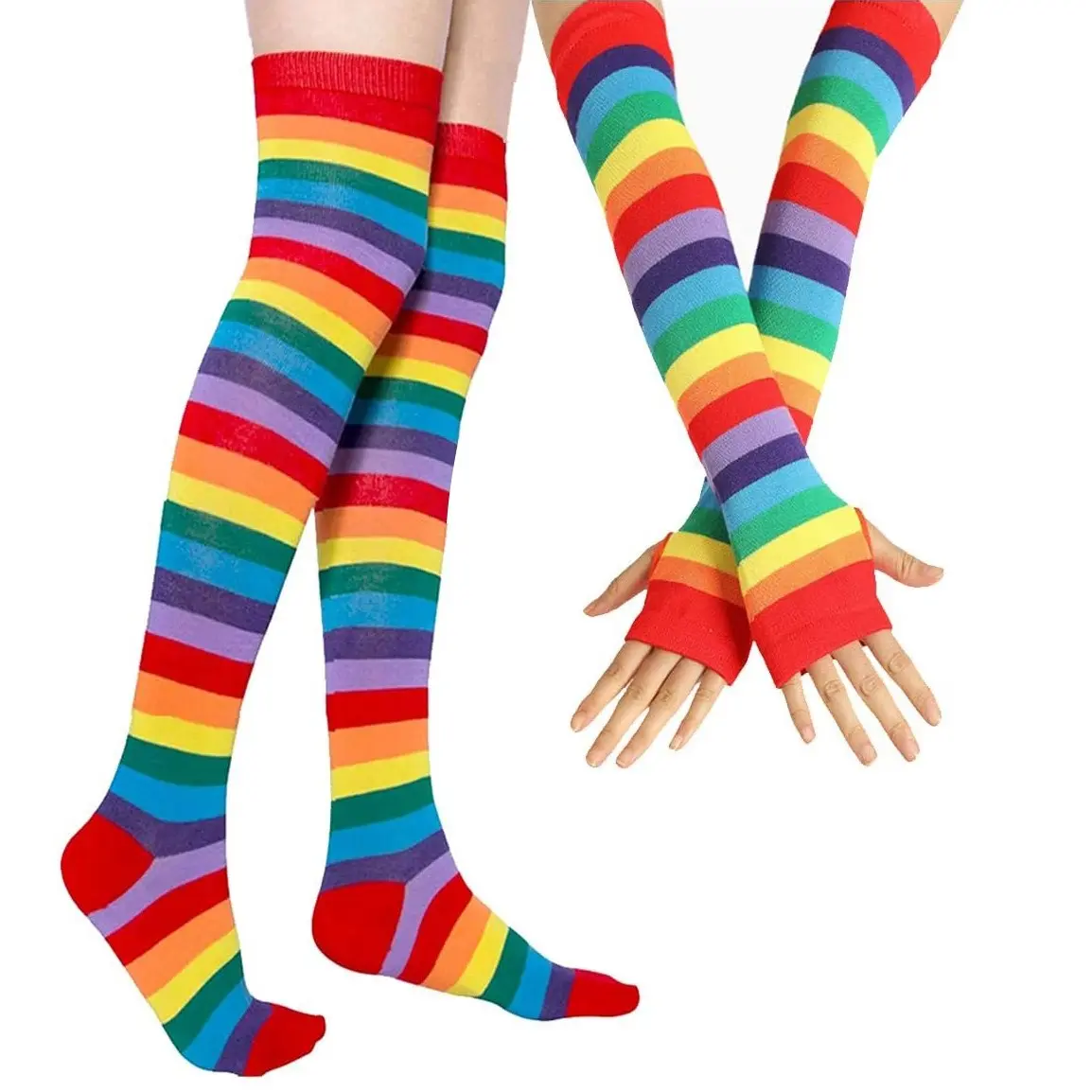 1Pair Socks+Gloves/Set for Men and Women Fashionable Knitted Colorblock Crew Socks Rainbow Striped Arm Sleeve Leggings And Thigh High Socks Tight Socks Compression Socks for Daily, Parties, Gifts
