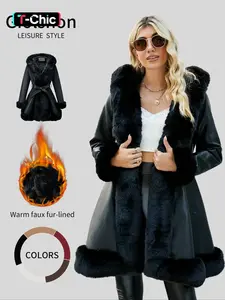 Giolshon Women's Fall & Winter PU Long Jackets, Warm Casual Hooded Fitted Coats with Detachable Belt and Faux Fur, Everyday Stylish Aesthetic Outerwear