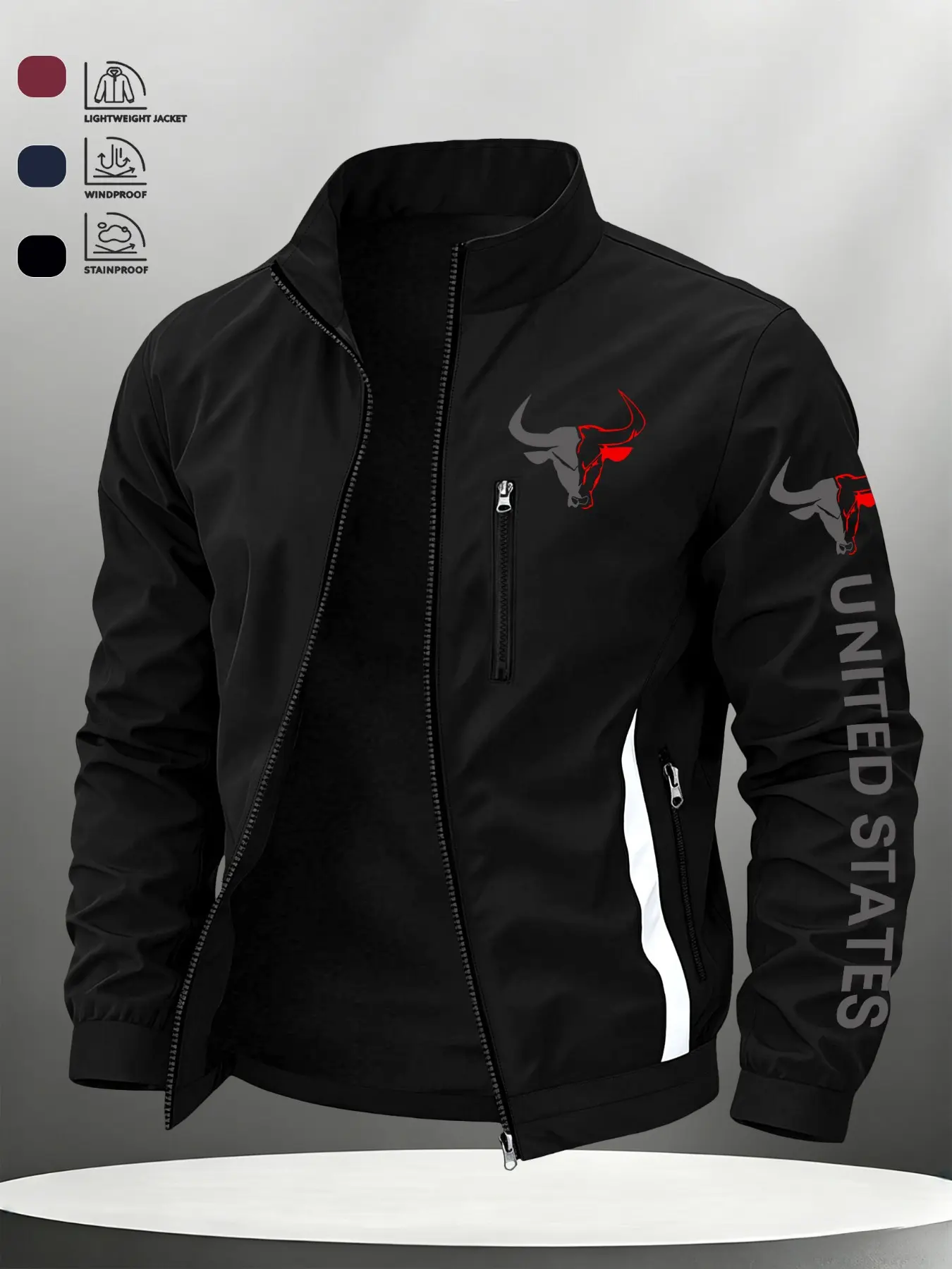 Men Lightweight Windproof Stand-Collar Zip-Up Jacket, Stain-Resistant Outerwear, Casual Zipper Outerwear, Bull Head & USA Letter Graphic Print Casual Coat For Daily Commute & Outdoor Activities