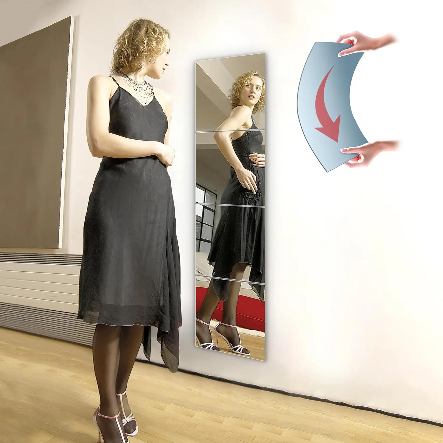 e Wall Full Length Mirror Tiles, Long Mirrors for Wall, 4 count 10x10 Inch, Full  Mirror Stickers,  Mirror' , Over The Door, Wall-Mounted Bedroom, Workout Mirrors for  Gym