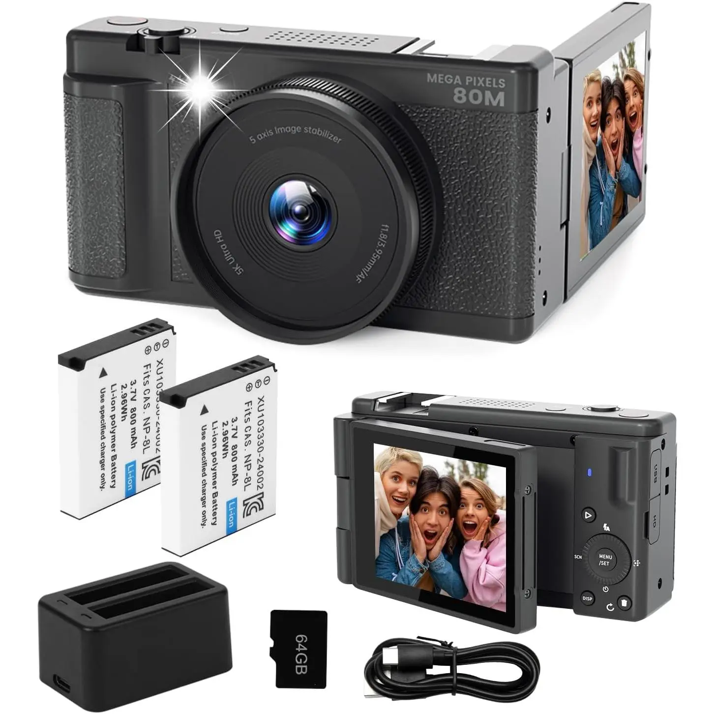 5K UHD Digital Camera for Photography, Autofocus 80MP Point & Shoot Vlog Camera for YouTube, 3" 270° Flip Screen  Lens Selfie with18x Digital Zoom, 64GB SD Card, 2  & Charger,Black
