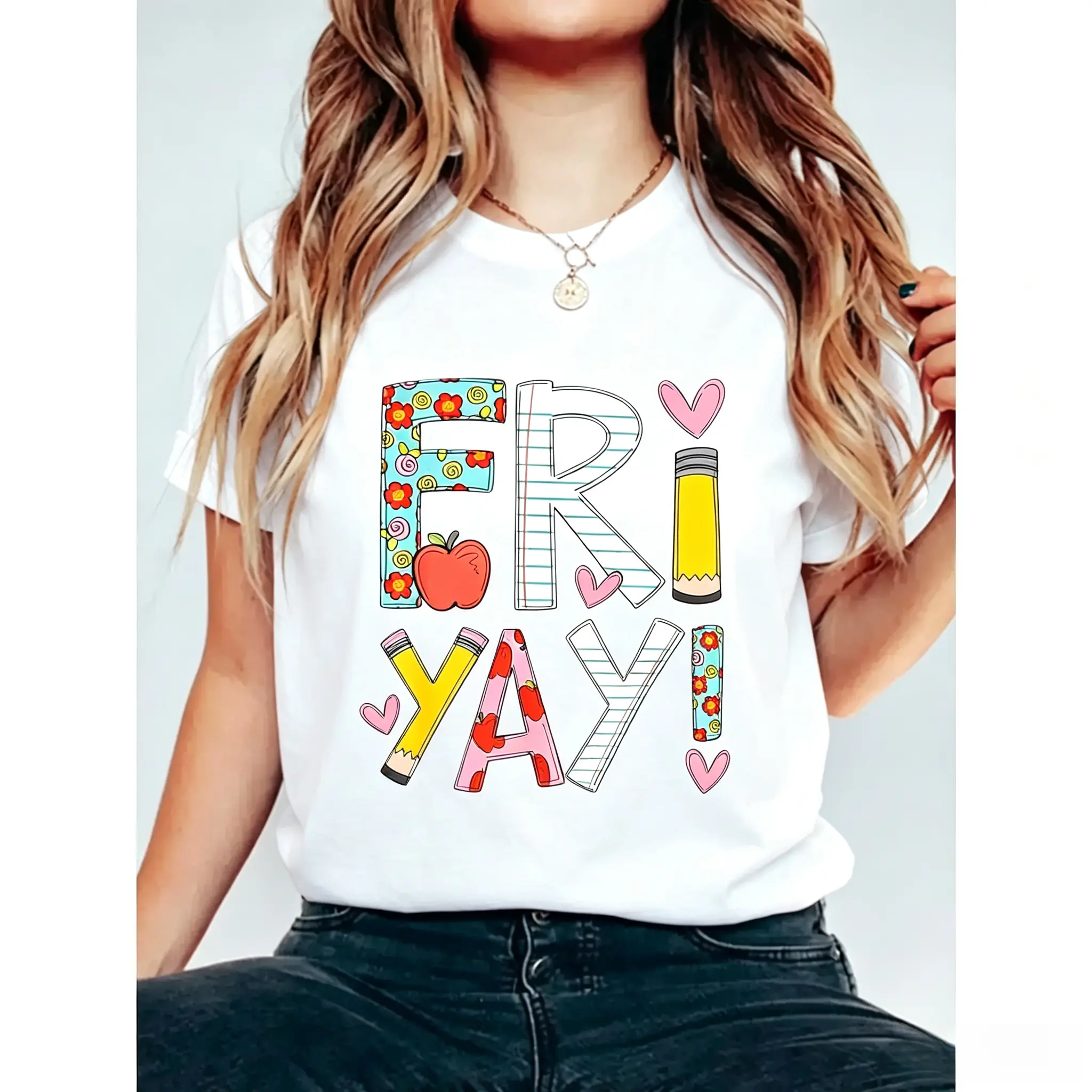 Oversized tshirt women Fri-Yay Colorful Letter Apple Pencil Graphic Tee Fun Friday Teacher Top Unisex 100 Cotton Printed Tshirt