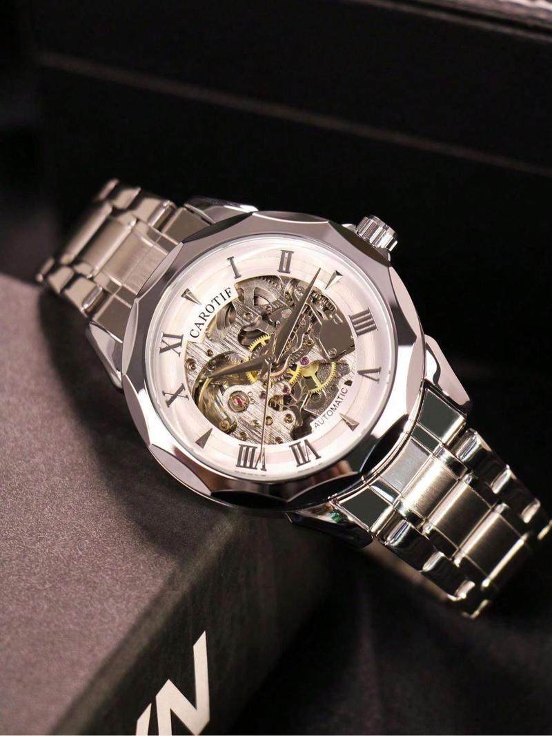 Men's Business Fashion Round Dial Stainless Steel Strap Analog Mechanical Watch, Skeleton Wrist Watch for Party, Daily Clothing Decor, for Birthday Gift with Box, Skeleton Watches
