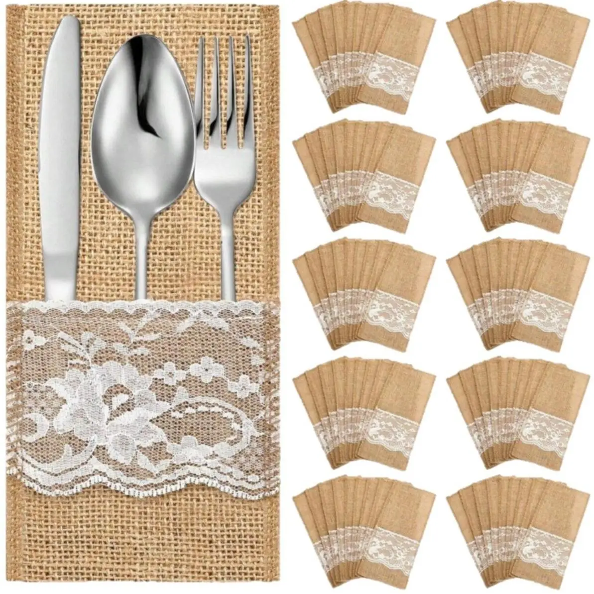 Burlap Lace Silverware Holders – Rustic Farmhouse Flatware Pouches, Christmas Holiday Table Decor, Vintage Jute Cutlery Sleeves for Wedding, Party & Thanksgiving Dinner